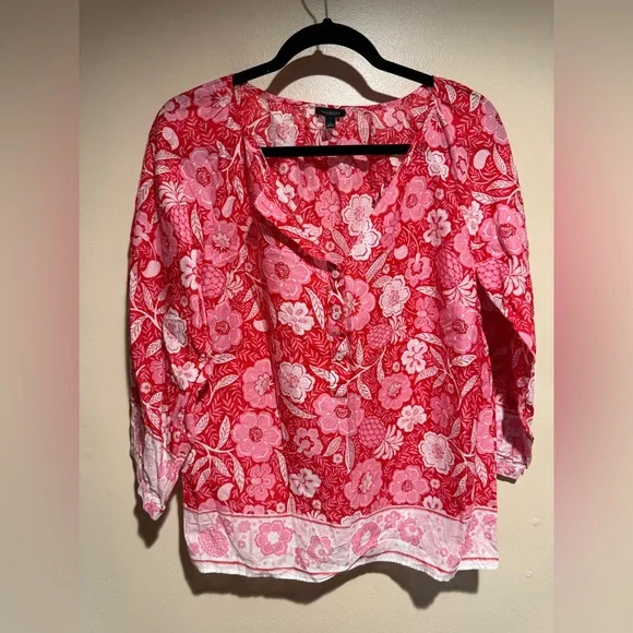 Talbots Floral Pineapple Paradise Button Front Popover Blouse - Picture 9 of 12